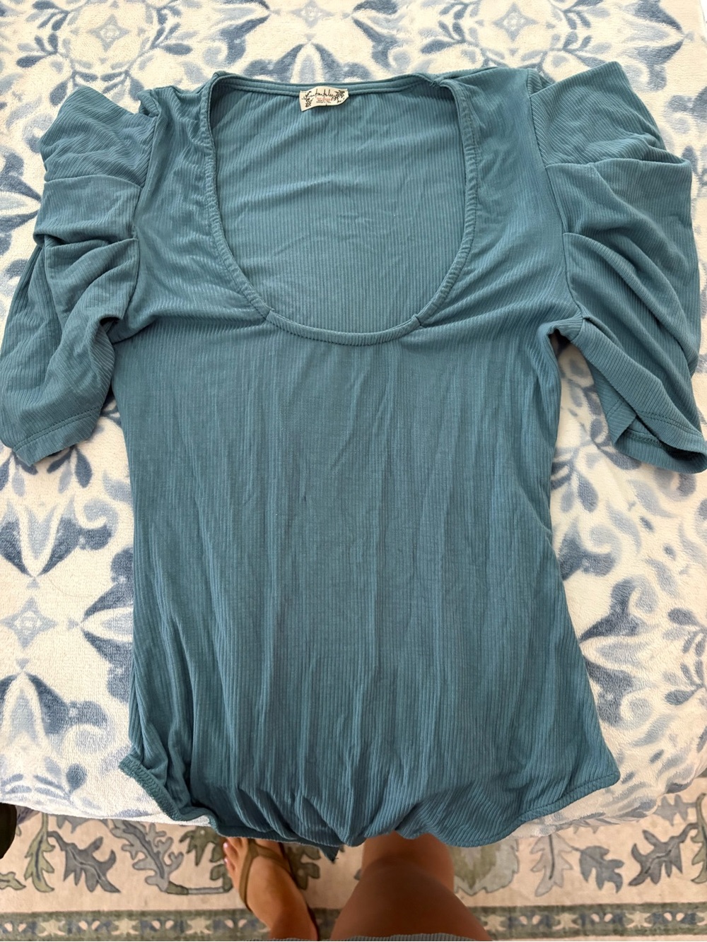 Free people Women's Scoop Neck Puff Sleeve Top - Teal Blue